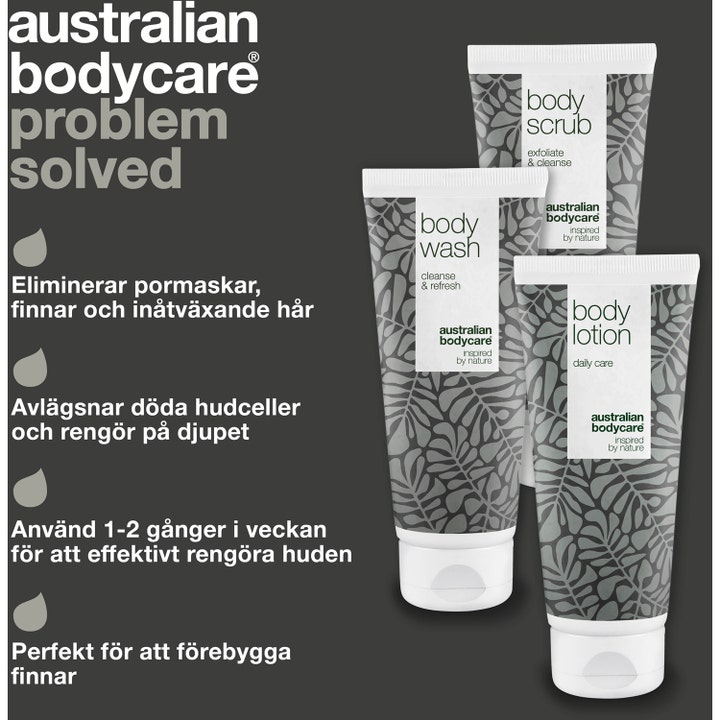 Australian Bodycare kropsplejesæt mod bumser med Body Wash, Body Scrub og Body Lotion i tuber med bladmønster.