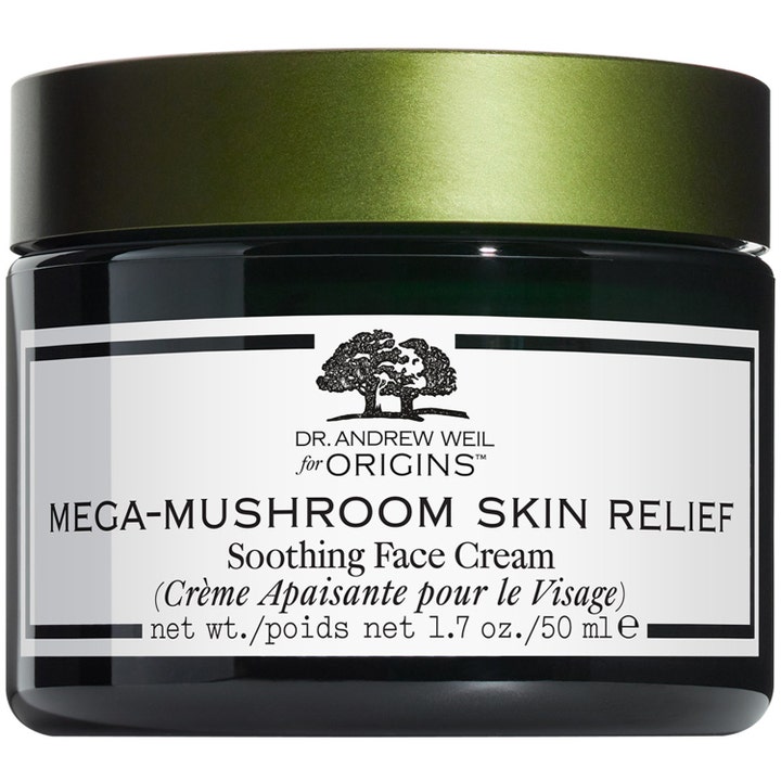 Origins Mega-Mushroom Skin Relief 50 ml beroligende ansigtscreme i mørkegrøn krukke med metallisk grønt låg