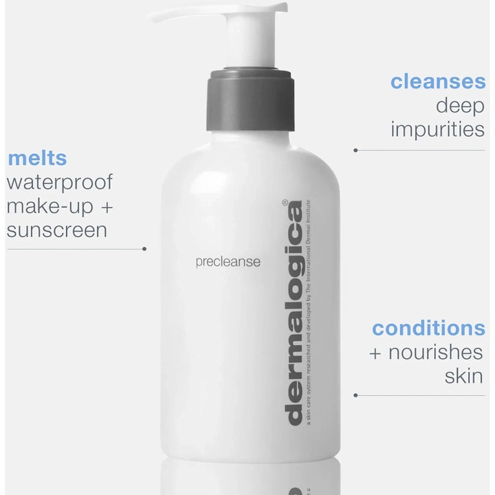 Dermalogica PreCleanse 150 ml renseolie opløser vandfast makeup og plejer huden i hvid flaske med grå pumpe