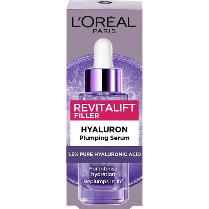 L'Oréal Paris Revitalift Filler 30 ml fugtgivende hyaluronsyreserum i lilla æske der viser en klar pipetteflaske