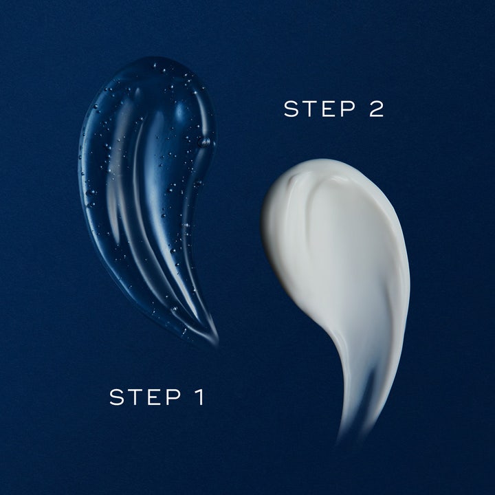Medik8 H.E.O Mask 2 x 50 ml fugtgivende ansigtsmaske viser blå gel Step 1 og hvid creme Step 2 tekstur