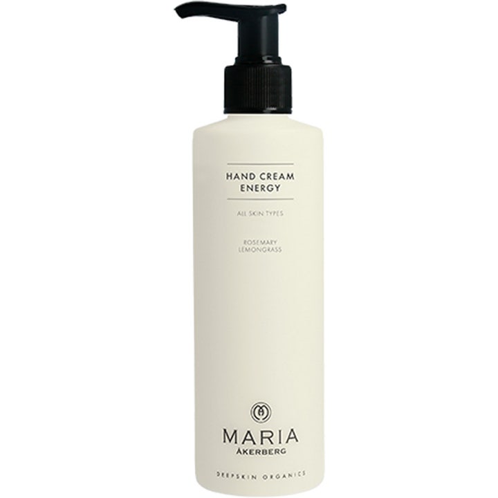Maria Åkerberg Hand Cream Energy blødgørende håndcreme i hvid flaske med praktisk sort pumpe.