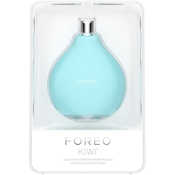 FOREO KIWI 1 stk hudplejeenhed fjerner hudorme med sin lyseblå vakuumsuger i gennemsigtig æske.