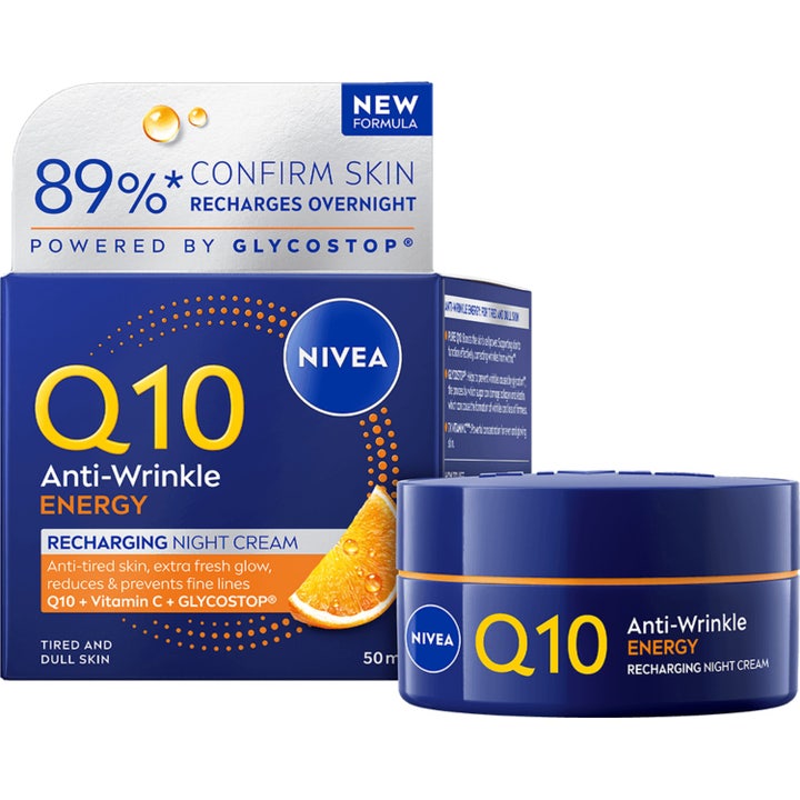 Nivea Q10 Anti-Wrinkle Energy 50 ml natcreme mod rynker giver glød i mørkeblå krukke med appelsindetaljer.