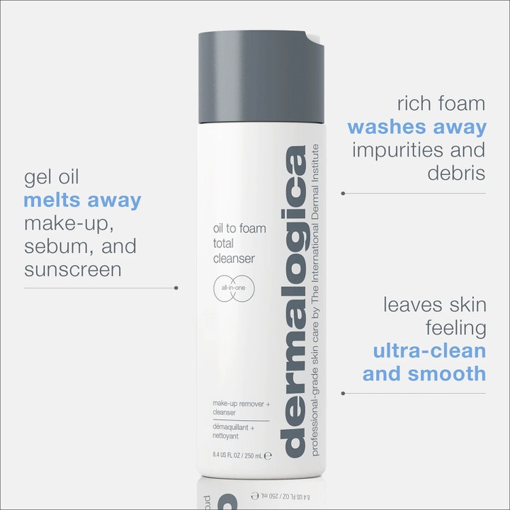 Dermalogica Oil to Foam Cleanser 250 ml ansigtsrens fjerner makeup og giver ultra-ren hud i hvid flaske med gråt låg