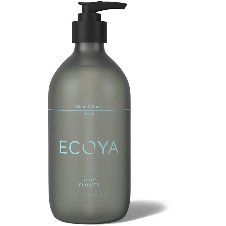 Ecoya Lotus Flower Hand & Body Wash 450 ml plejende sæbe i en grå mat flaske med sort pumpedispenser