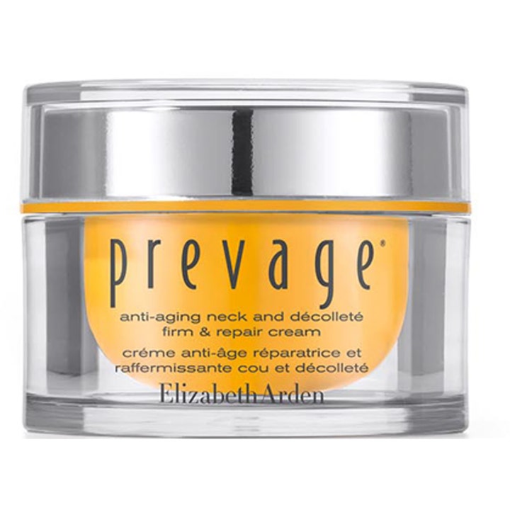 Elizabeth Arden Prevage Neck and Décolleté Firm & Repair Cream opstrammende creme i klar krukke med gult indre og sølvlåg