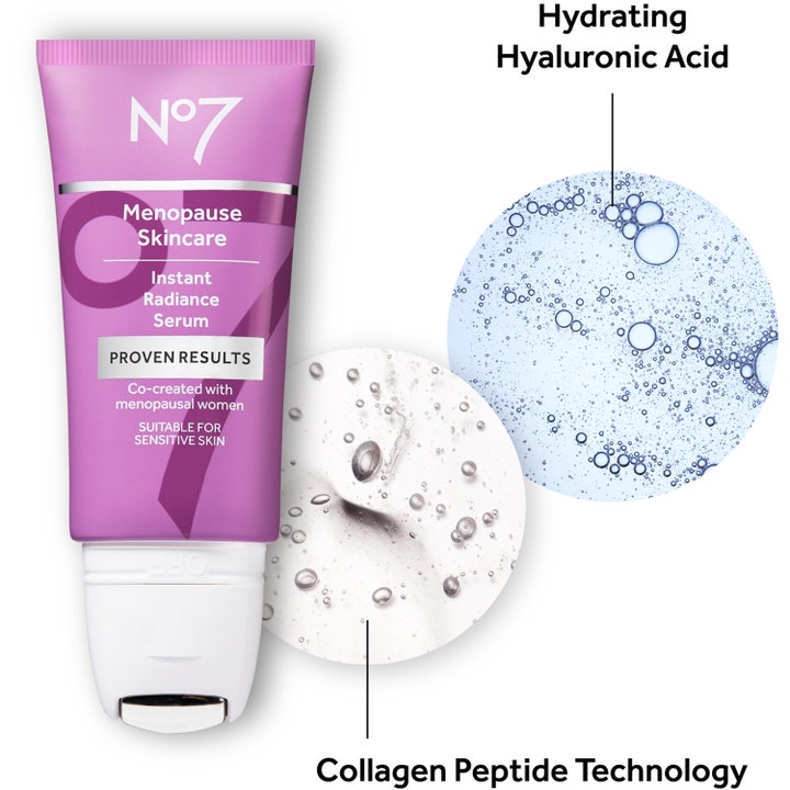 No7 Menopause Skincare Instant Radiance Serum 30 ml i lilla tube med teksturer af hyaluronsyre og peptider