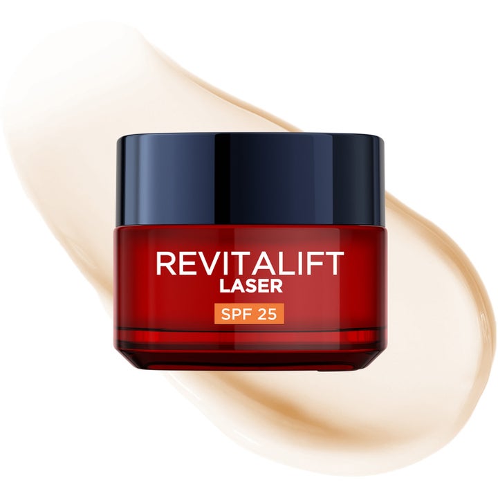 L'Oréal Paris Revitalift Laser 50 ml dagcreme mod rynker i rød glaskrukke med SPF 25 og cremet konsistens