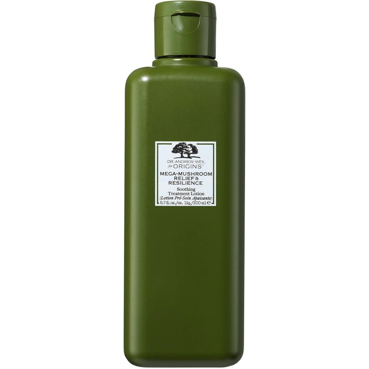 Origins Mega-Mushroom Relief & Resilience 200 ml beroligende lotion i mørkegrøn flaske med hvid etiket.
