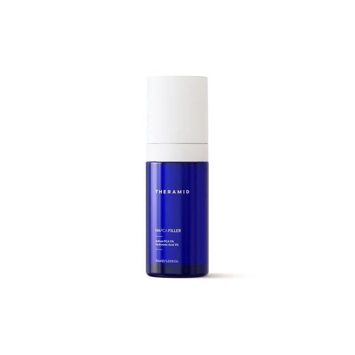 Theramid HAPCA Filler 30ml fugtgivende serum med hyaluronsyre i en blå gennemsigtig flaske med hvidt låg