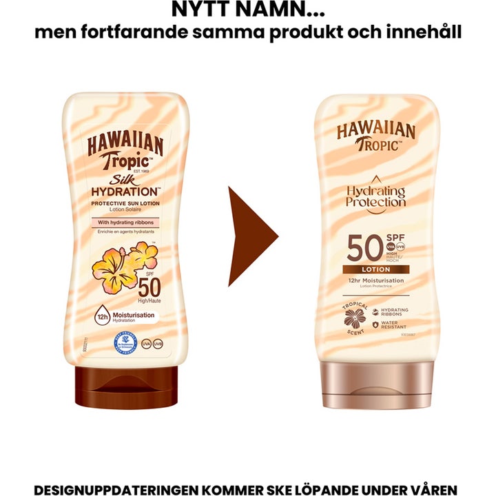 Hawaiian Tropic Hydrating Protection Lotion SPF50 180 ml solcreme viser nyt og gammelt design med fugtgivende bånd.
