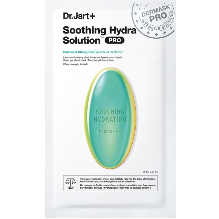Dr.Jart+ Soothing Hydra Solution PRO 26g intensivt beroligende ansigtsmaske i hvid pose med en turkis pille