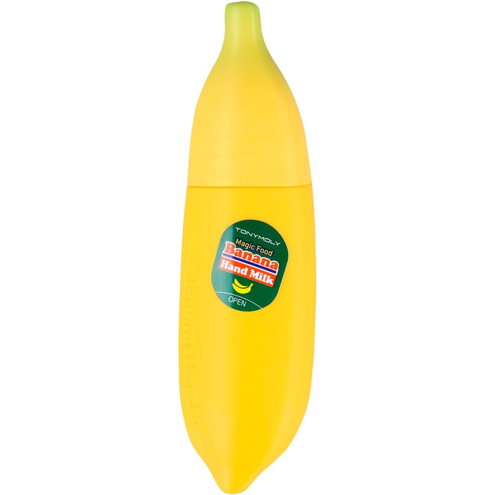 Tonymoly Magic Food Banana Hand Milk 45 ml fugtgivende håndcreme i en gul plastflaske formet som en banan.