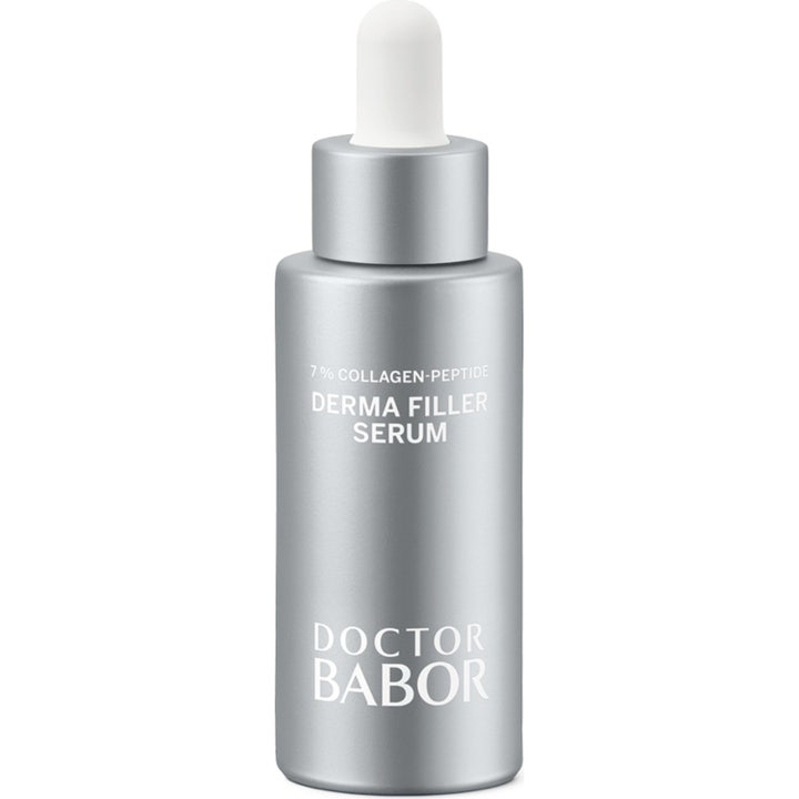 Doctor Babor Derma Filler Serum opstrammende ansigtsserum med kollagen i en metallisk sølvflaske med hvid pipette