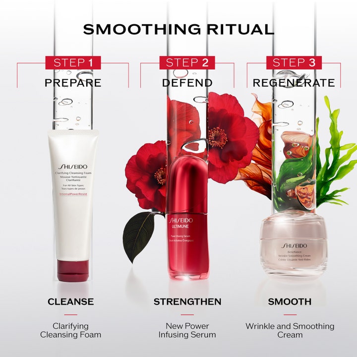 Shiseido Ultimune Power Infusing Concentrate 50 ml i et Smoothing Ritual med ansigtsrens og creme.