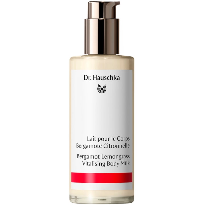 Dr. Hauschka Bergamot Lemongrass Vitalising Body Milk 145ml opfriskende kropspleje i glasflaske med metaldoseringspumpe.