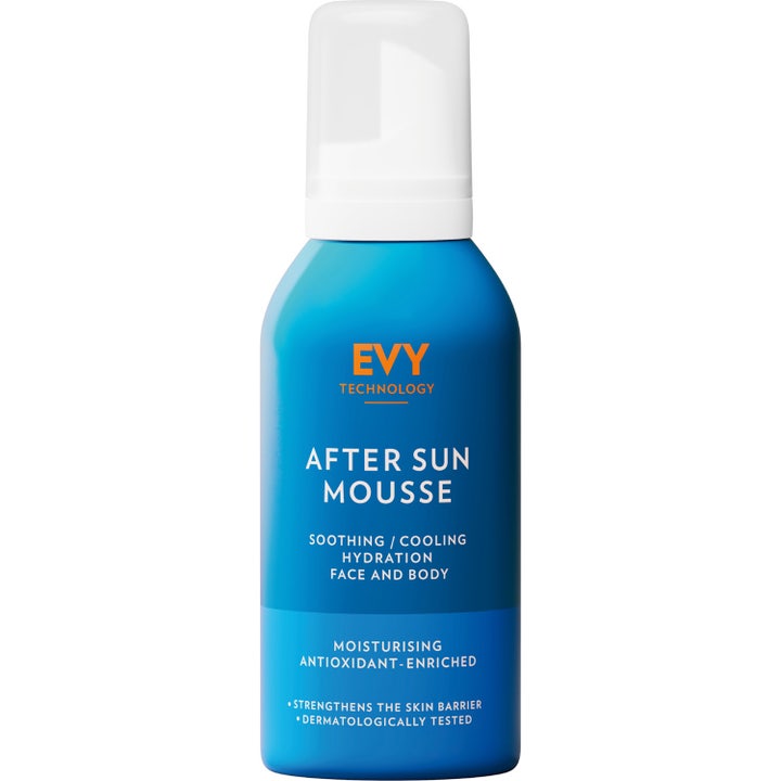EVY Technology After Sun Mousse beroligende og kølende mousse til krop og ansigt i blå flaske med hvidt låg