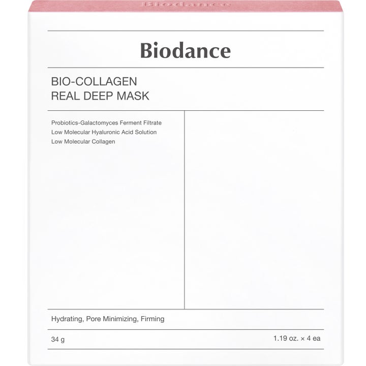 Biodance Bio-Collagen Real Deep Mask 4 stk fugtgivende ansigtsmaske i hvid papæske med lyserød top og sort tekst.