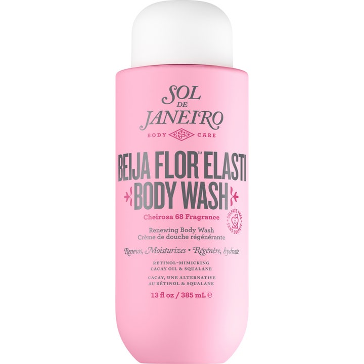 Sol de Janeiro Beija Flor Renewing Body Wash 385 ml fornyende kropsvask i lyserød flaske med hvidt låg og gult logo
