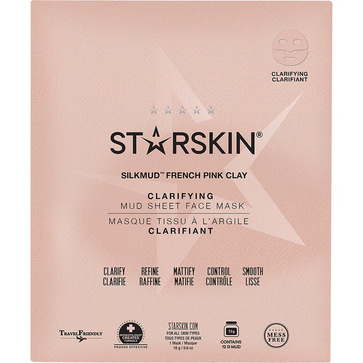 Starskin Silkmud French Pink Clay 1 stk rensende mudder-sheetmaske i lyserød emballage der giver en mat hud