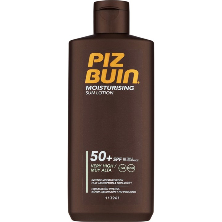Piz Buin Moisturising Sun Lotion SPF 50+ fugtgivende solcreme i brun plastikflaske med gult logo og kliklåg