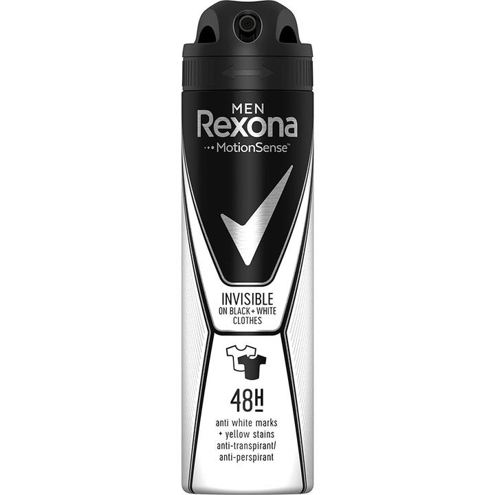 Rexona Men Invisible Black & White 150 ml deodorant spray mod hvide mærker i sort og sølv metalbeholder