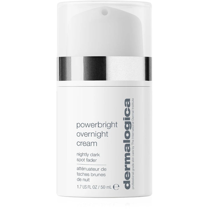 Dermalogica PowerBright Overnight Cream 50 ml udjævner hudtonen i en hvid pumpeflaske med sølvdetaljer.