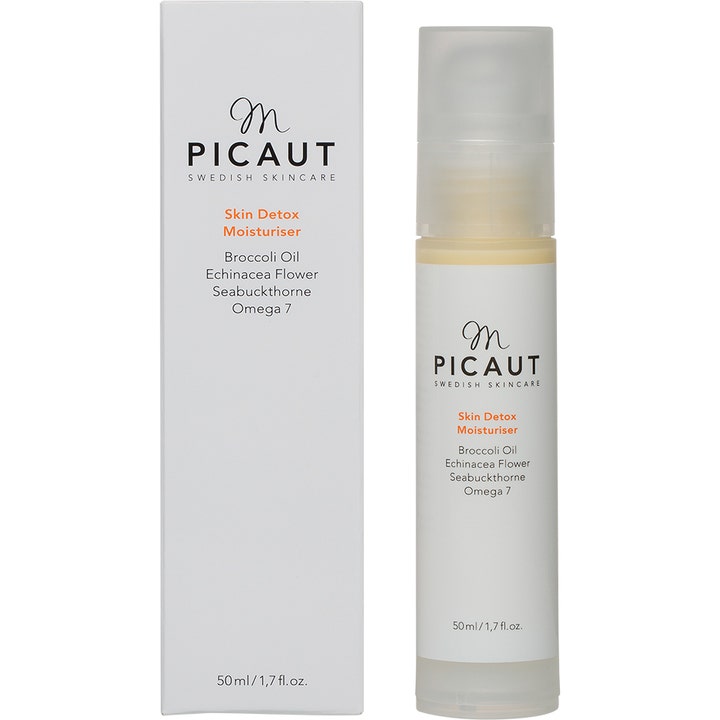 M Picaut Swedish Skincare Skin Detox Moisturiser 50 ml fugtgivende dagcreme med broccoliolie i hvid pumpeflaske