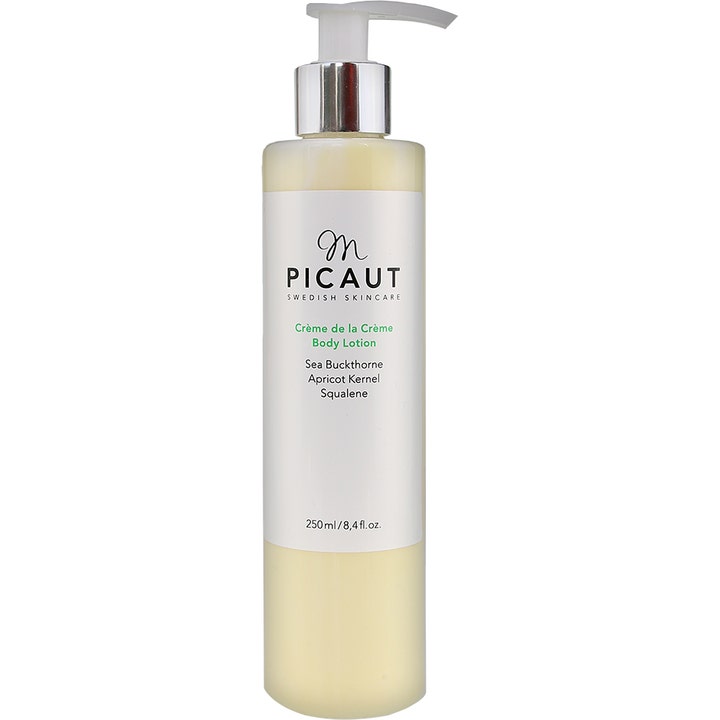 M. Picaut Crème de la Crème 250 ml nærende bodylotion i klar pumpeflaske med hvid pumpe og sølvdetaljer.