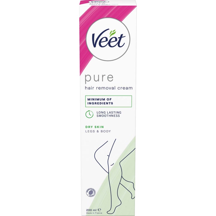 Veet Pure Hårfjerningscreme 200 ml skaber glat hud i hvid emballage med pink detaljer og benillustration.