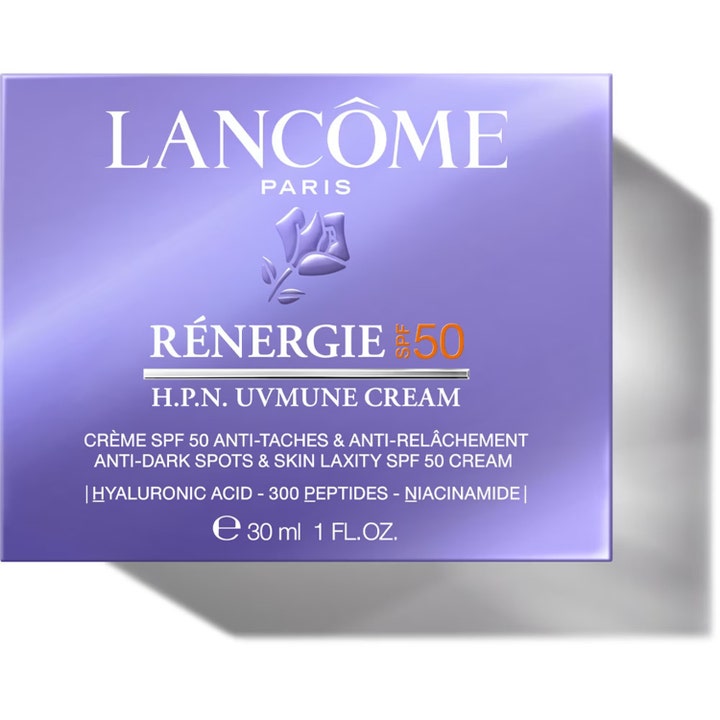 Lancôme Rénergie H.P.N. UVMUNE Cream 75 ml SPF50 dagcreme mod mørke pletter i lilla emballage med sølvskrift.