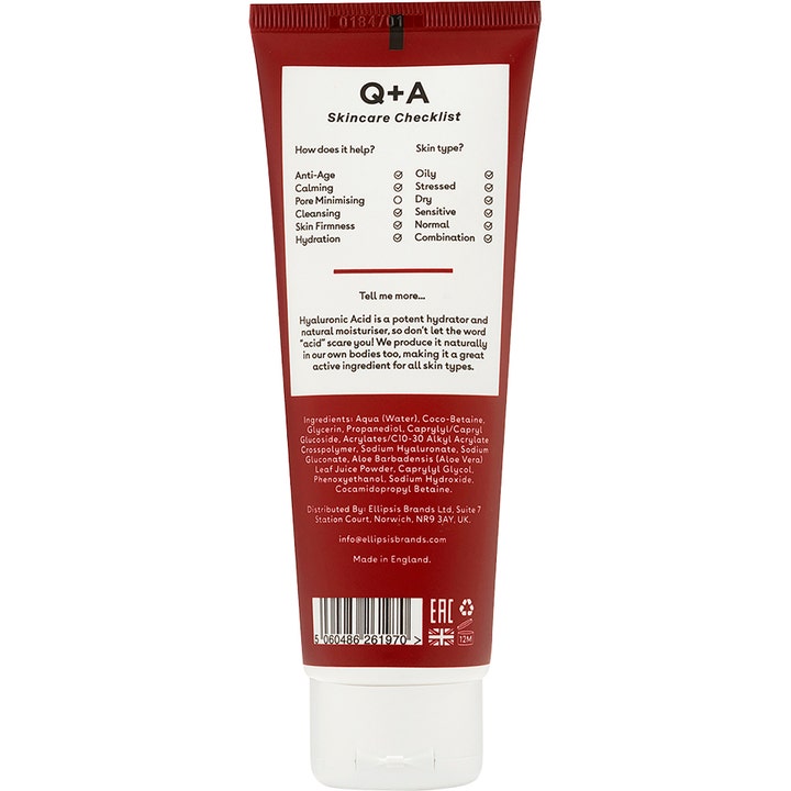 Q+A Hyaluronic Acid Gel Cleanser 125 ml fugtgivende rengøringsgel i rød tube med skincare checklist på bagsiden.