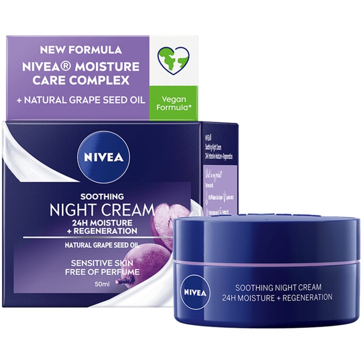 NIVEA Soothing Night Cream 50 ml beroligende natcreme til sensitiv hud i mørkeblå krukke med vindruekerneolie