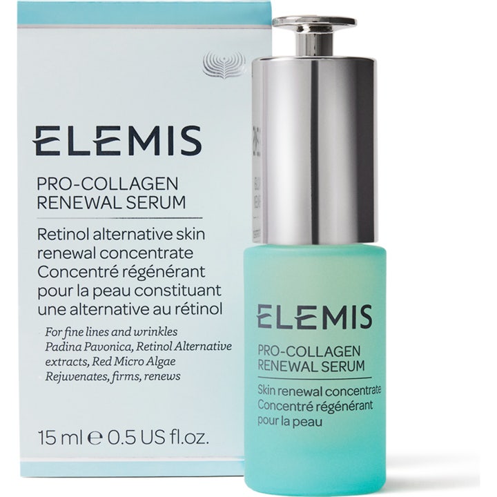 Elemis Pro-Collagen Renewal Serum 15 ml retinol-alternativ i turkis glasflaske med sølvpumpe og hvid æske