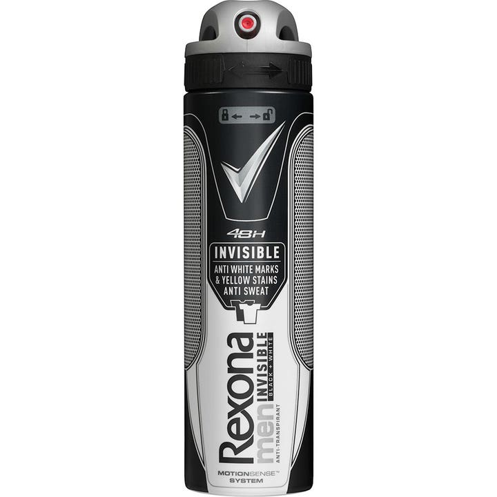 Rexona Men Invisible Black + White deospray mod sved i en sort og hvid metaldåse med gråt sprayhoved og rød detalje.