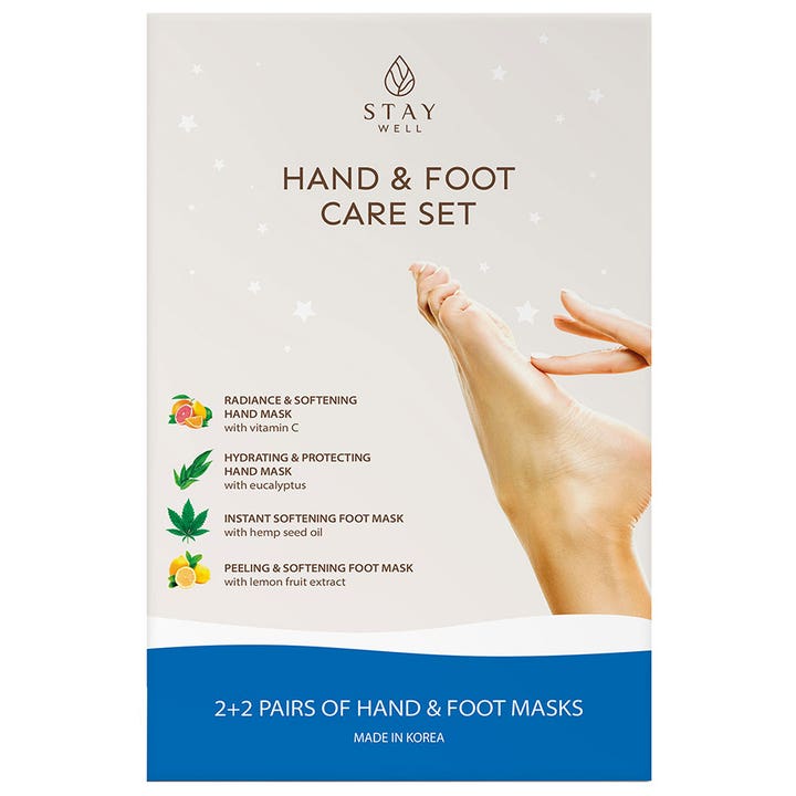 Stay Well Hand & Foot Care Set 2+2 par blødgørende masker i hvid emballage med billeder af citrus og blade.