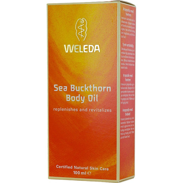 Weleda Sea Buckthorn Body Oil 100 ml revitaliserende kropsolie i orange og gylden papæske