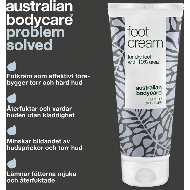 Australian Bodycare Foot Cream 100 ml plejende fodcreme med 10% urea i hvid tube med gråt bladmønster mod tør hud.