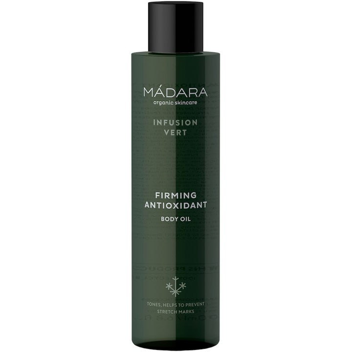 Mádara Infusion Vert Firming Antioxidant Body Oil 200 ml opstrammende kropsolie i mørkegrøn flaske med sort låg