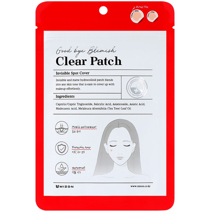 Mizon Good Bye Blemish Clear Patch 44 stk gennemsigtige bumseplastre i rød og hvid pose mod urenheder.