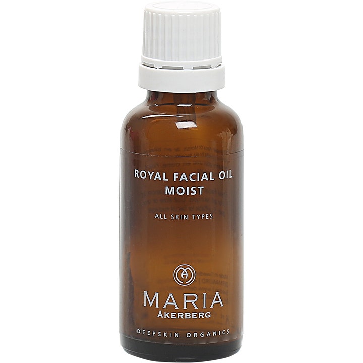Maria Åkerberg Royal Facial Oil Moist fugtgivende ansigtsolie i brun glasflaske med hvidt skruelåg til alle hudtyper.