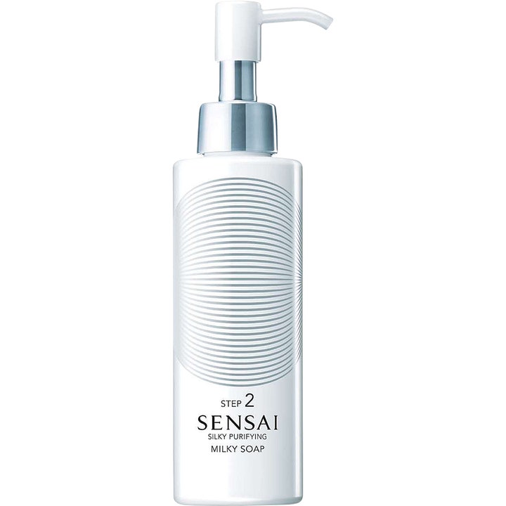 Sensai Silky Purifying Milky Soap 150 ml fugtgivende ansigtsrens i hvid pumpeflaske med sølvdetaljer