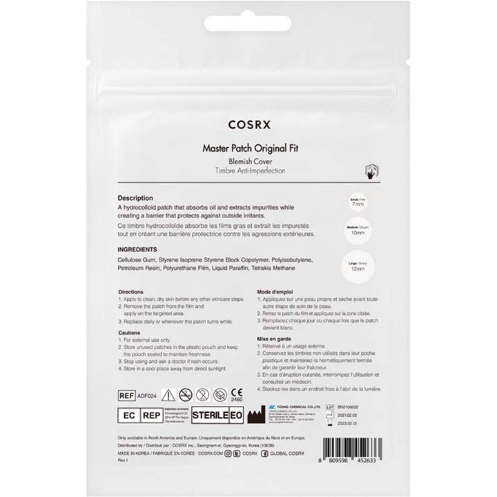 COSRX Master Patch Original Fit 24 stk bumseplaster mod urenheder på hvid emballage med brugsanvisning og størrelsesguide