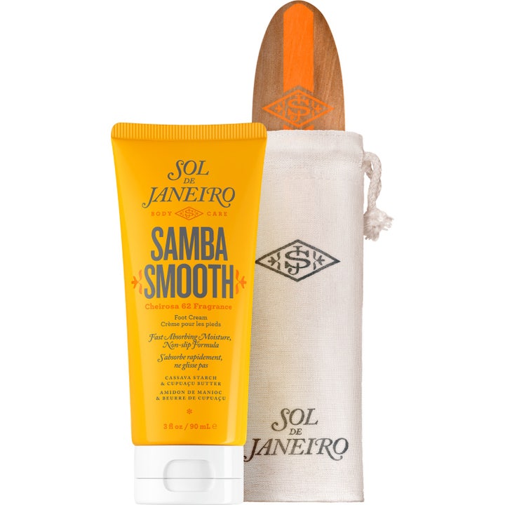 Sol de Janeiro Samba Smooth 90 ml fodcreme i gul tube med hvidt låg og tilhørende træfil i stofpose