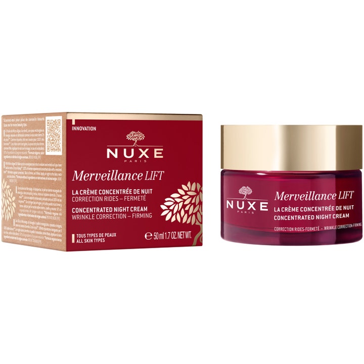 Nuxe Merveillance Lift 50 ml opstrammende natcreme mod rynker i rød glaskrukke med elegant guldlåg og æske