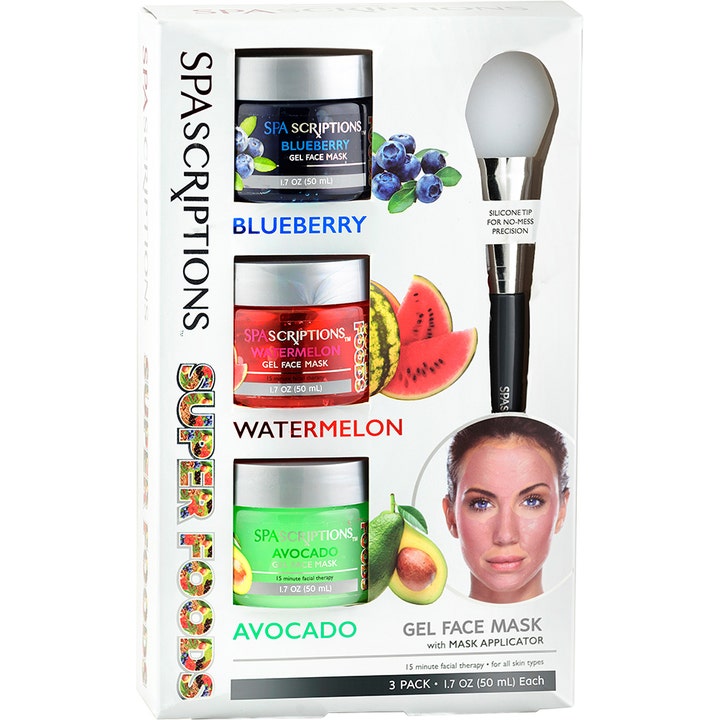 Spa Scriptions Super Foods Gel Face Mask 3 x 50 ml ansigtsplejesæt med tre frugtmasker og en hvid silikoneapplikator