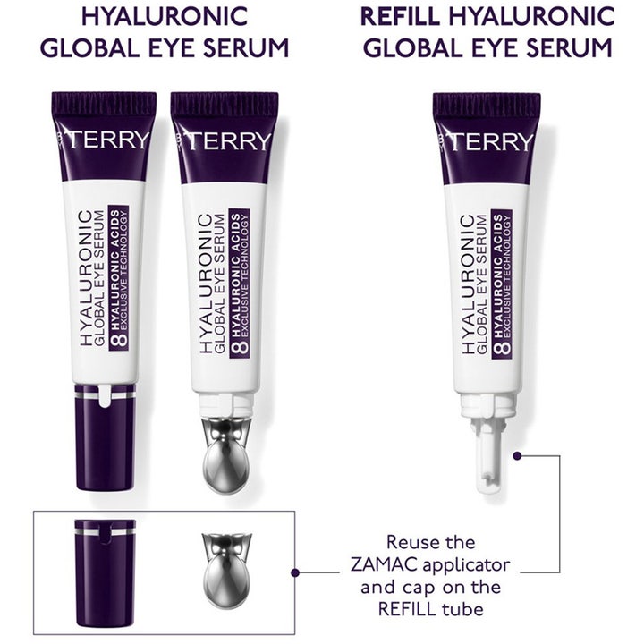 By Terry Hyaluronic Global Eye Serum Refill 15 ml fugtgivende øjenserum viser genbrug af ZAMAC-applikator.