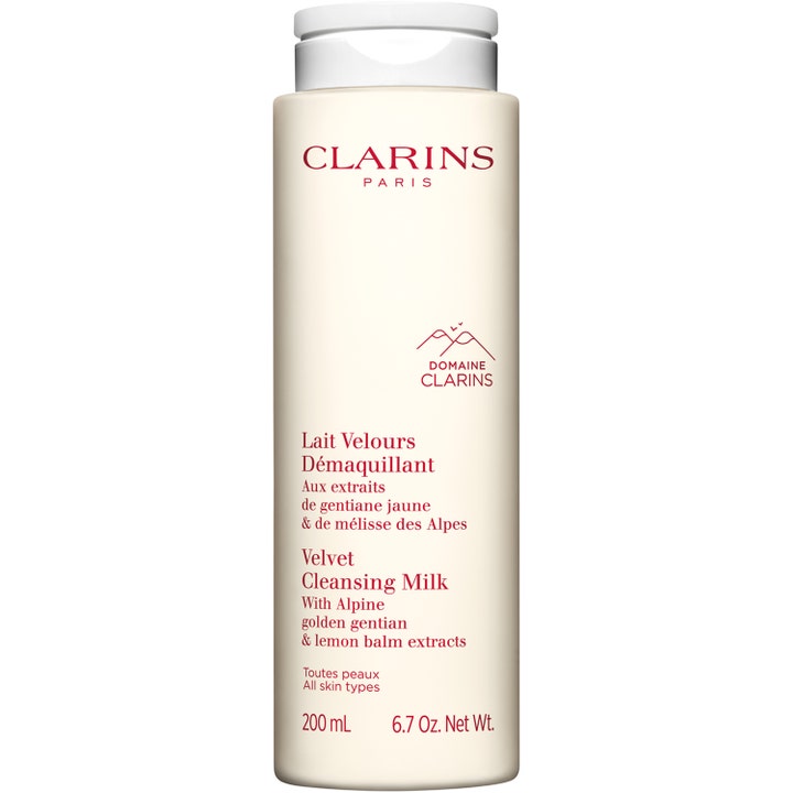Clarins Velvet Cleansing Milk 200 ml rensende ansigtsmælk i en beige flaske med hvidt låg til alle hudtyper.