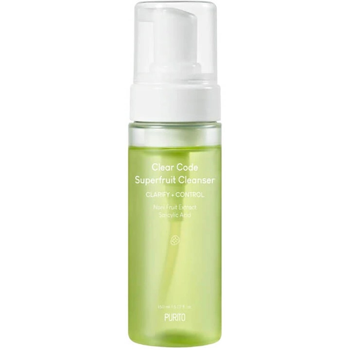 Purito Clear Code Superfruit Cleanser 150 ml rensegel med salicylsyre i en lysegrøn gennemsigtig plastflaske med pumpe